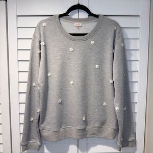 Pixley Women Grey Crewneck Sweatshirt Floral Applique‎ Pearl Embellished XL
